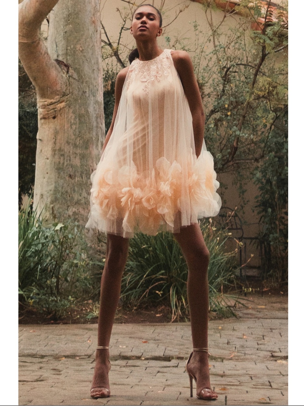 Mac Duggal Peach Halter Neck Flowy Petal A-Line Mini Dress